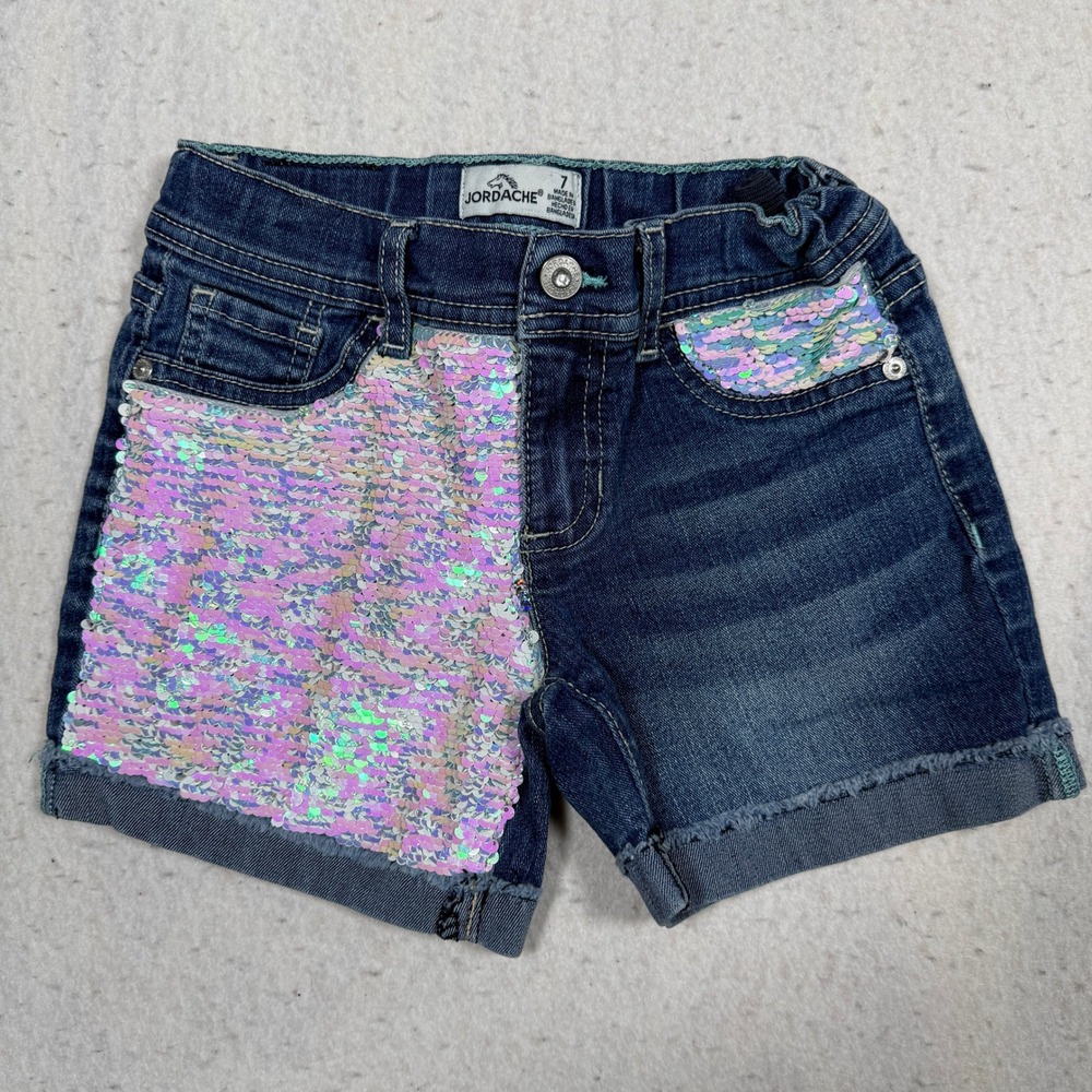 Jordache Girls Blue Denim Sequin Shorts Size 7 Iridescent Sparkle Cuffed Hem
